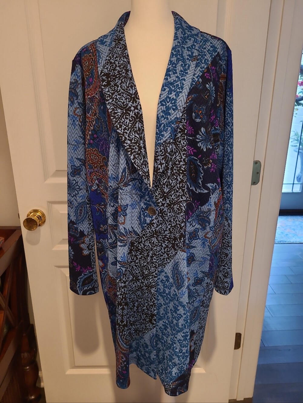 Susan Graver Blue Multi-Pattern Long Trench Coat